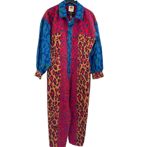 Farm Rio Small Mixed Leopard Pop Jumpsuit Coverall Size Small Cotton Denim Print - Picture 5 of 14